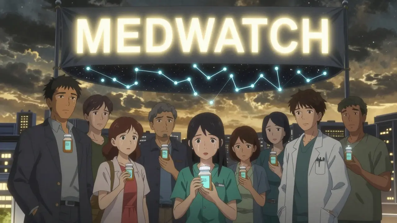 Diverse individuals hold pill bottles with glowing lot numbers, forming a protective constellation over a city.