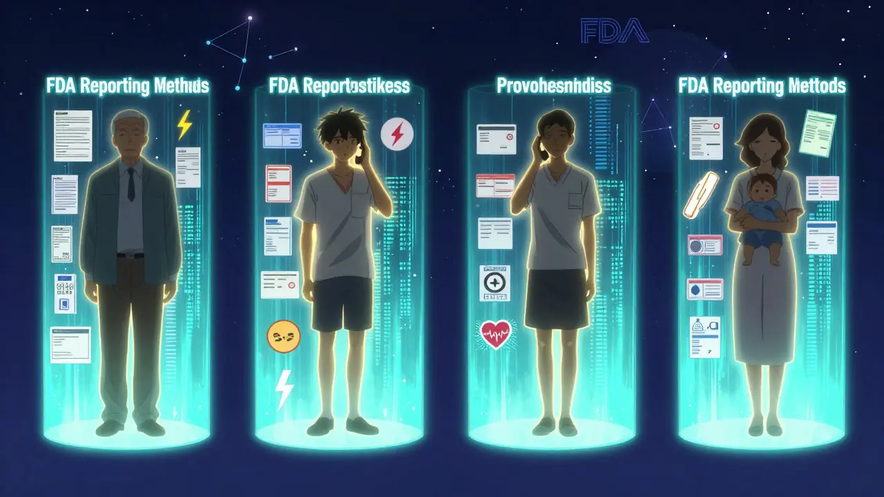 Diverse patients in glowing portals representing the four ways to report adverse reactions to the FDA.