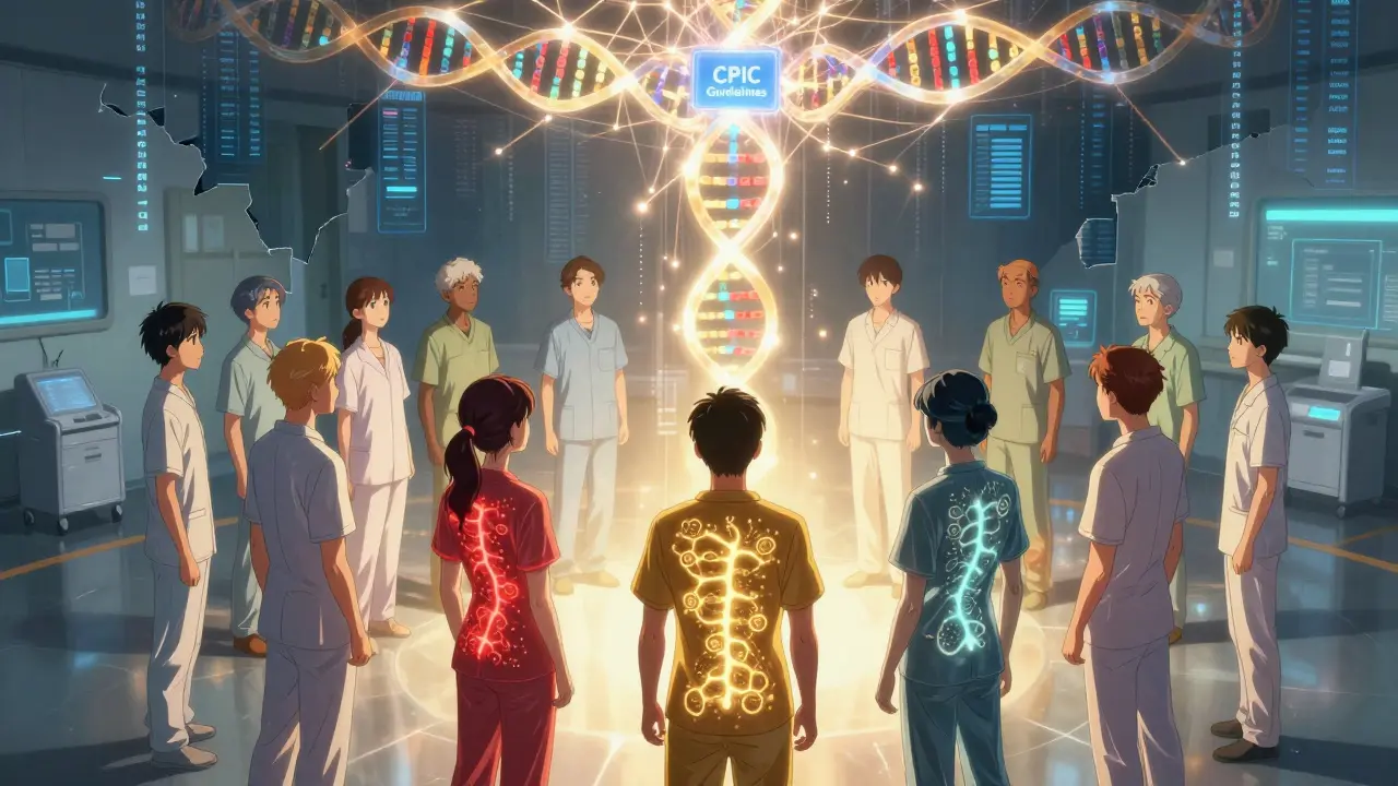 Diverse patients with glowing genetic patterns connected to an AI network displaying clinical guidelines.