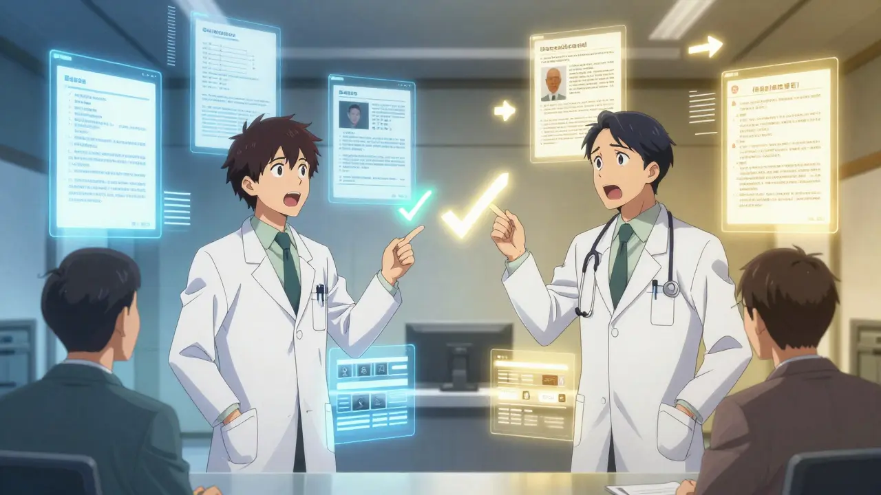 Doctor and insurance reviewer in digital courtroom with floating medical evidence and glowing approval arrows.
