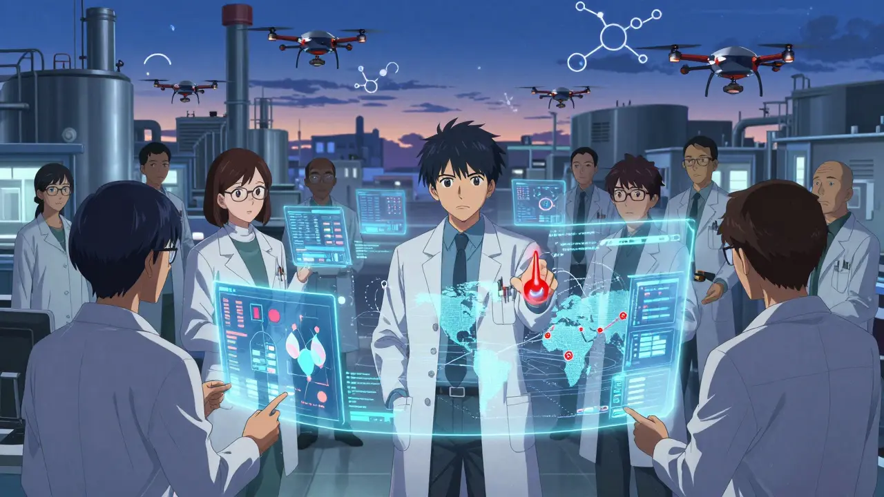 FDA scientists analyzing holographic drug data and global manufacturing maps with inspection drones overhead.