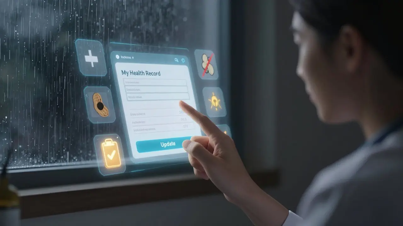 Hand clicking 'Update' on a holographic health record with allergy icons glowing in mid-air.