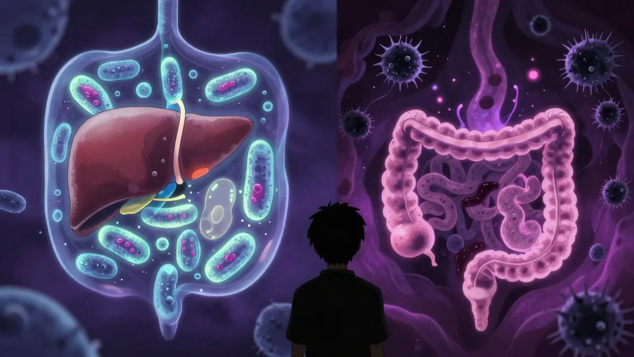 Healthy gut bacteria protecting the liver versus harmful bacteria leaking toxins.