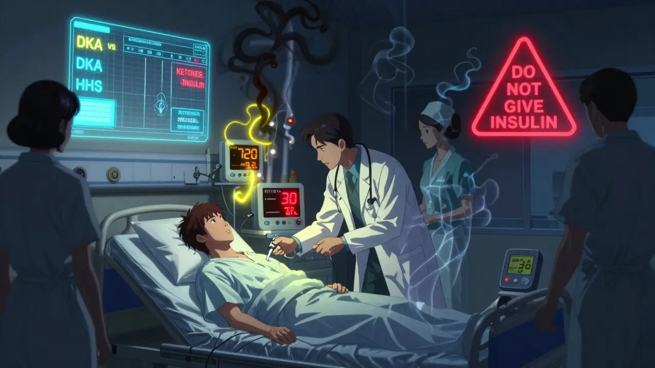 Hospital patient with extremely high blood sugar, ketones swirling in air, doctor stopping insulin injection.