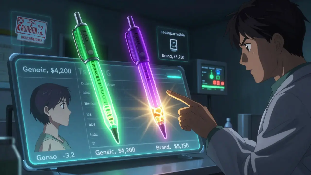 Medical decision scene with drug pens, T-score data, and reforming bones in a neon clinic at night.