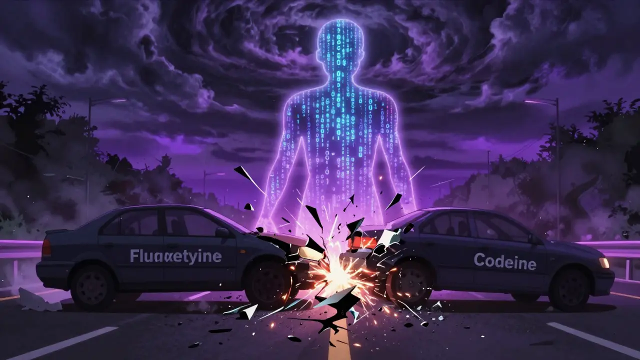 Neon highway crash between two drugs and a genetic variant, with a human silhouette made of shattered glass.