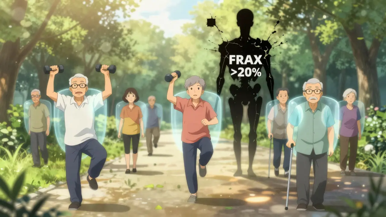 Older adults exercising in a park with glowing bone shields, contrasting a dark crumbling bone silhouette behind them.