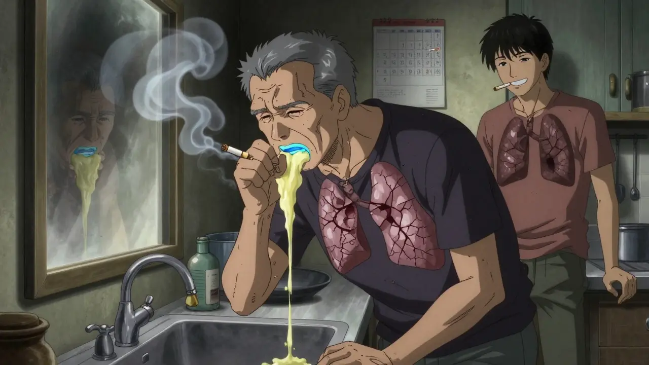 Older man coughing with blue lips, visualizing damaged lungs and a shadowy cigarette ghost in dawn light.