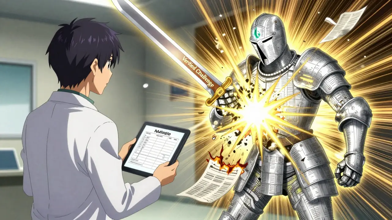 Patient's spectral figure shattering an outdated allergy record with a verified challenge sword.