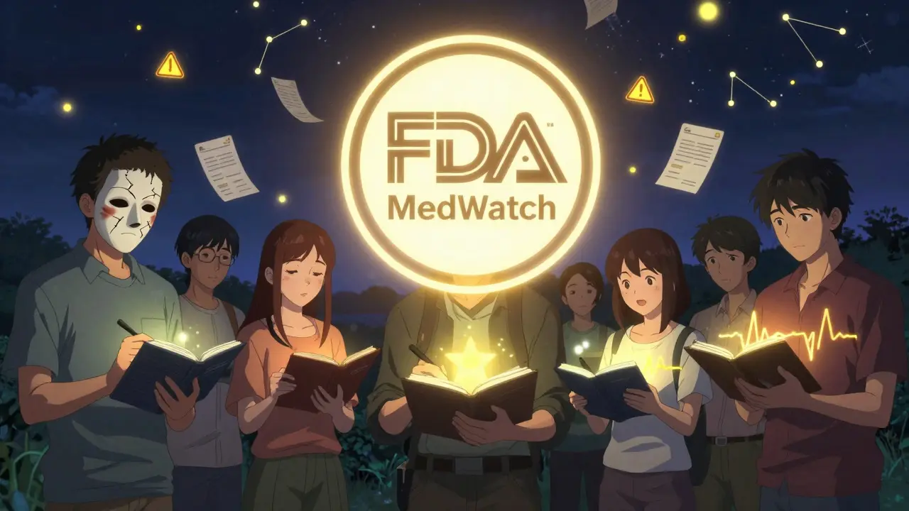 People recording side effects in journals as glowing reports rise into a sky shaped with medical warning icons.