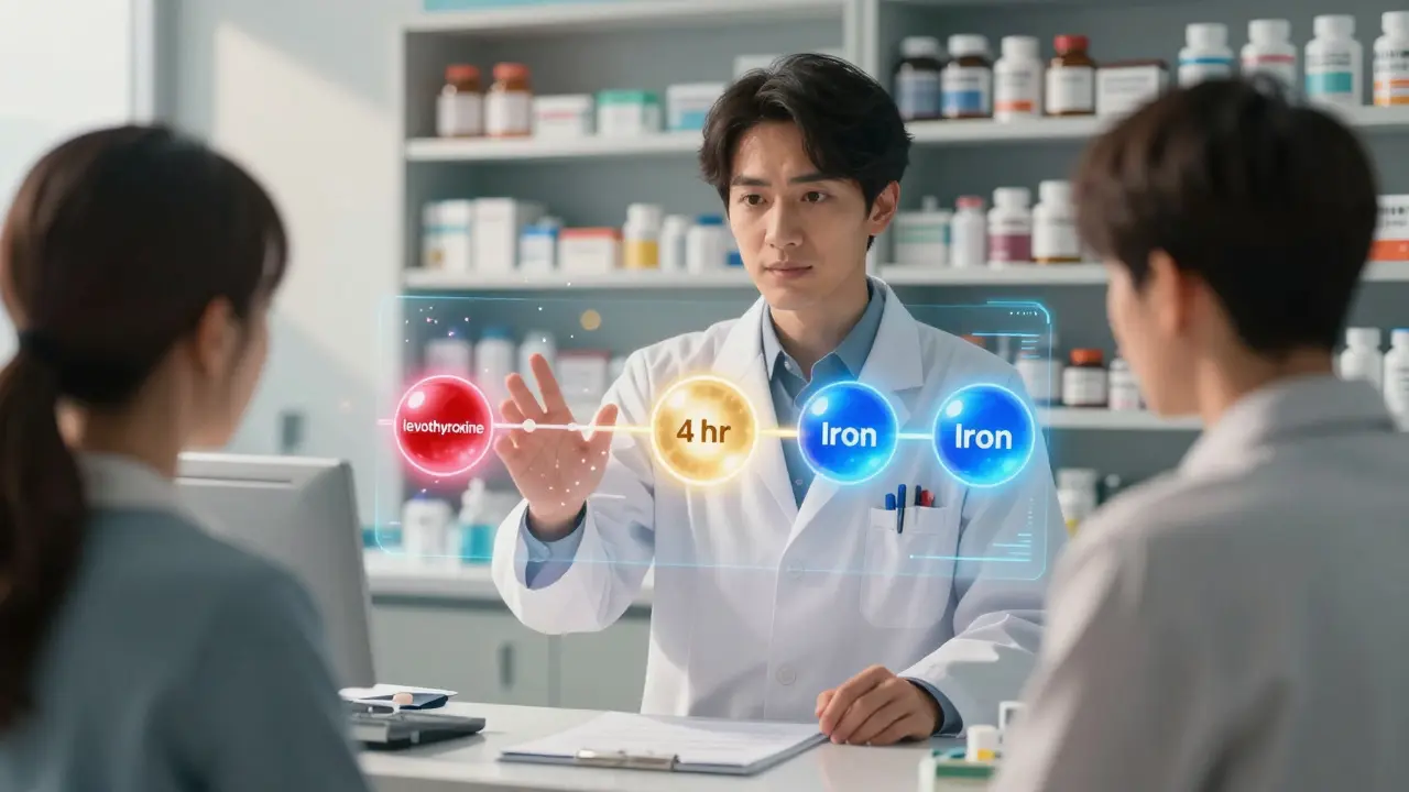 Pharmacist and patient viewing a holographic timeline showing safe medication spacing.