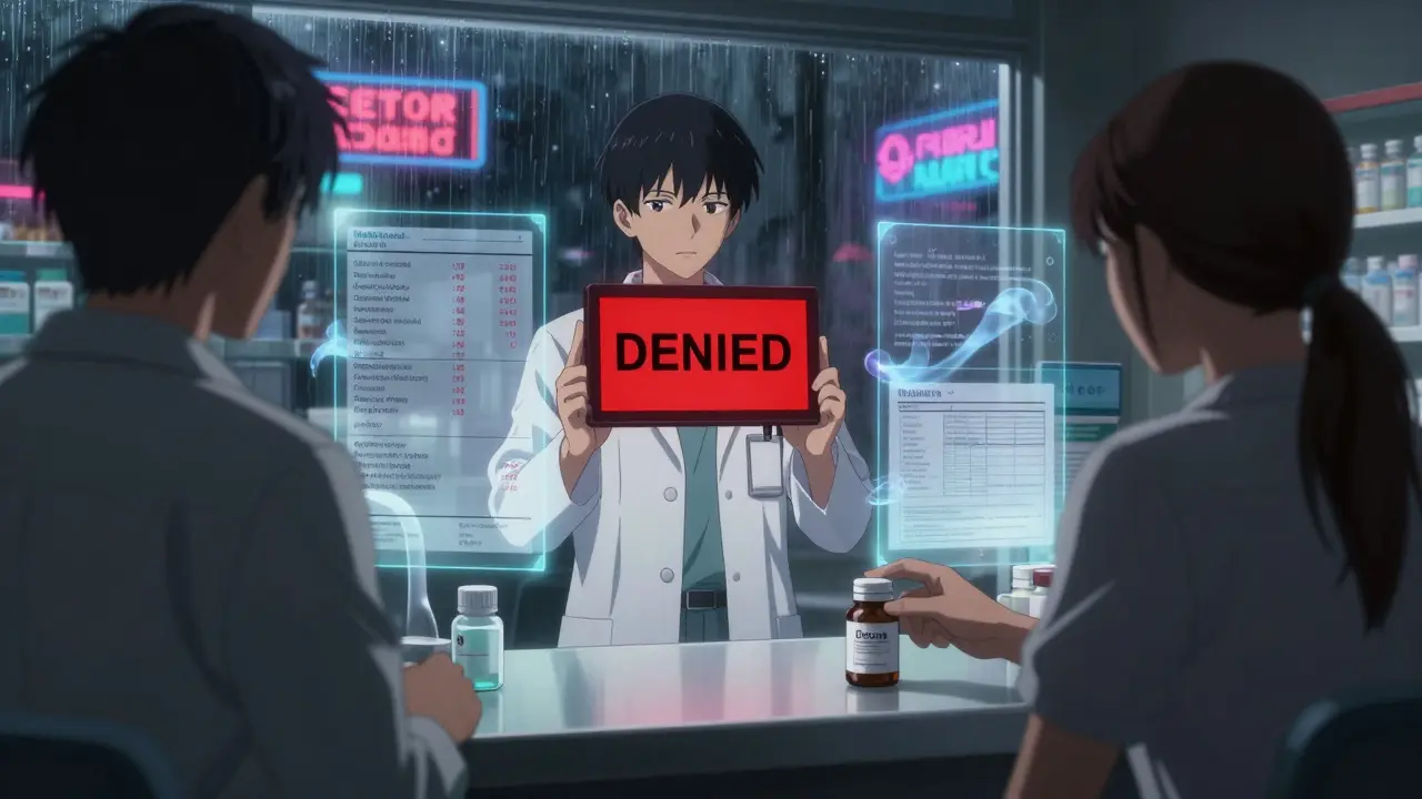 Pharmacist shows denied prescription notice while patient reaches for medication amid digital insurance overlays.
