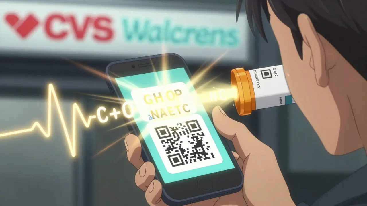 Smartphone scanning a QR code on a medicine bottle, audio waves floating in the air.