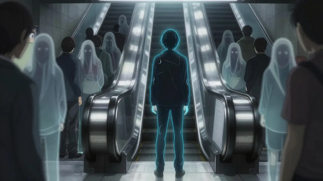 Someone frozen at a subway entrance, surrounded by ghostly panic memories and blurred crowds, symbolizing agoraphobia.