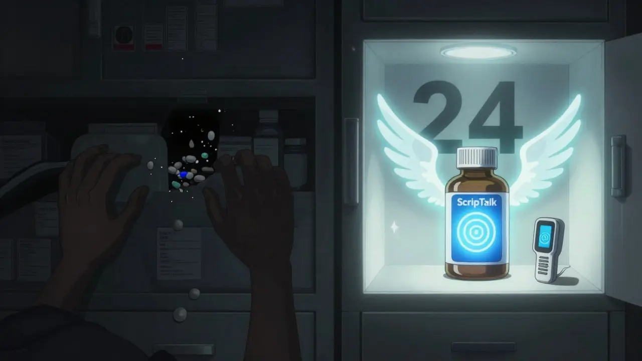 Split scene: chaotic blurry labels vs. bright, large-print labels with glowing RFID reader.