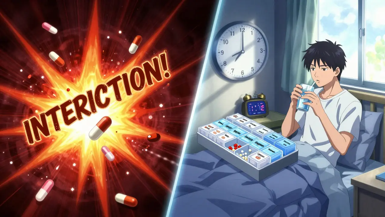 Split scene: chaotic pill scattering vs. organized morning routine with timed dosing.