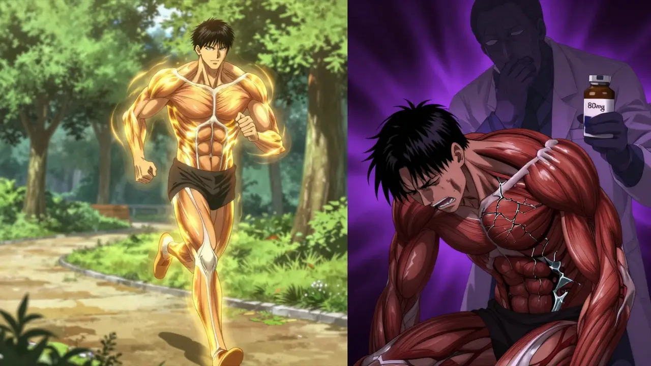 Split scene: healthy runner vs. pained man with muscle damage, symbolizing statin benefits and risks.