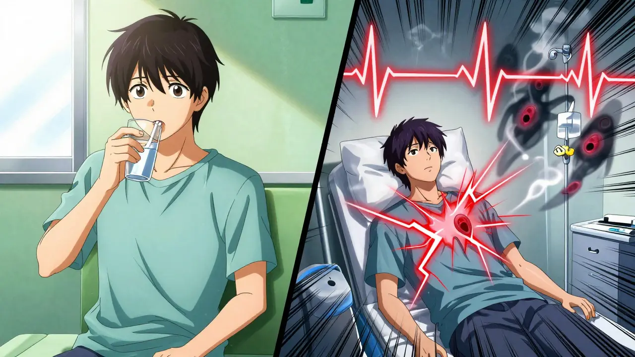 Split scene: oral ondansetron in sunlight vs. IV ondansetron with dangerous heart rhythms.