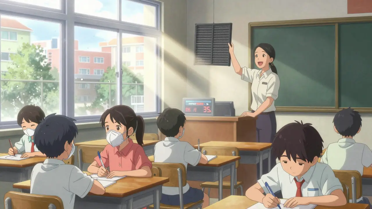 Students in a classroom with clean air indicators, a teacher replacing a high-efficiency filter, pollution visibly reduced indoors.