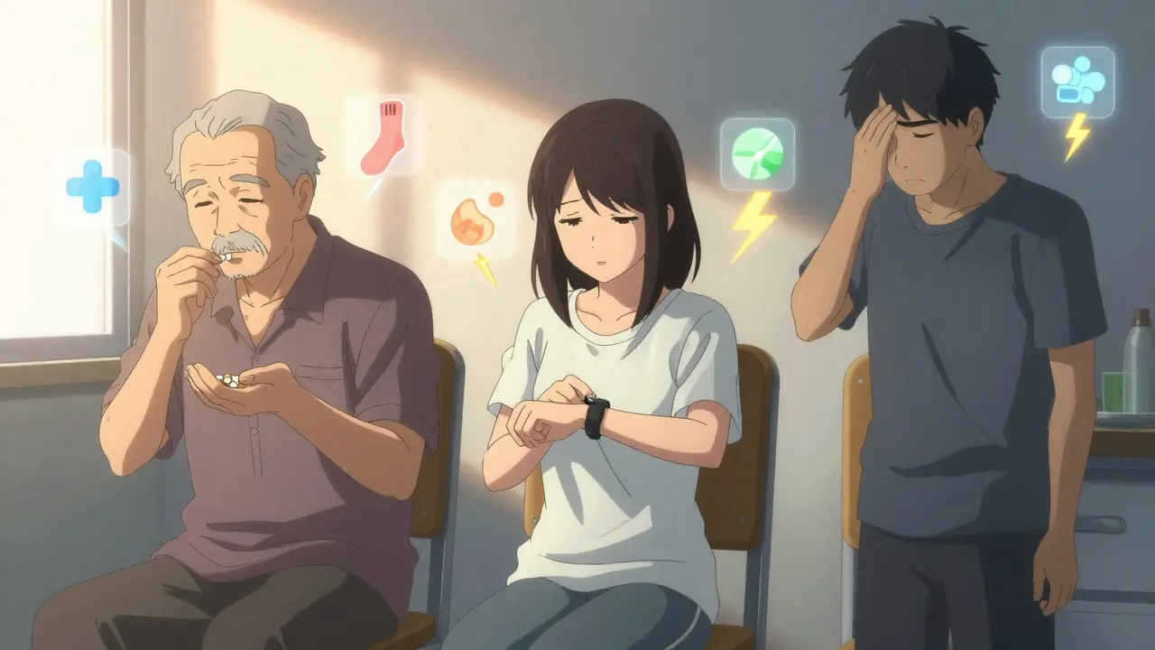 Three people in daily life with floating medical icons representing their blood pressure meds and side effects.