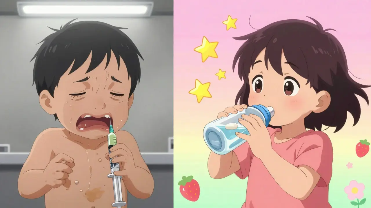 A child's journey from refusing liquid medicine to confidently swallowing a tablet, illustrated with blooming flowers and stars.