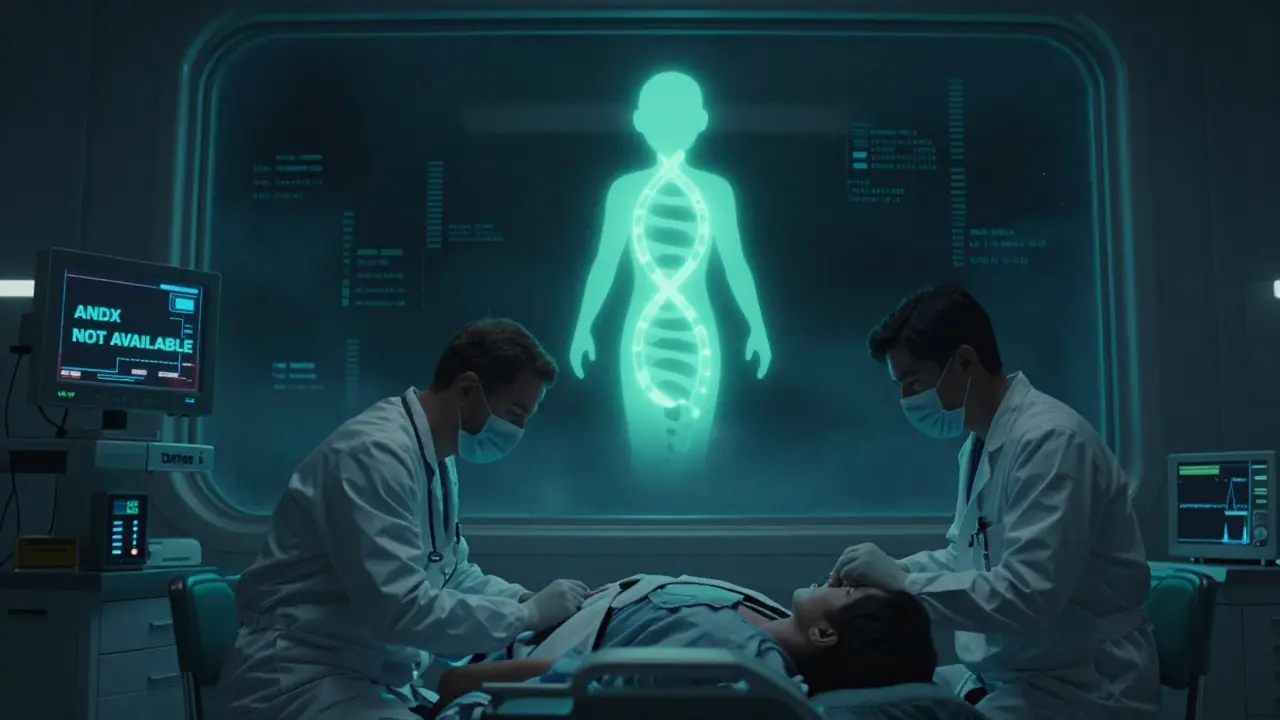 A futuristic ER scene with ciraparantag glowing in the sky as current reversal agents fade away.