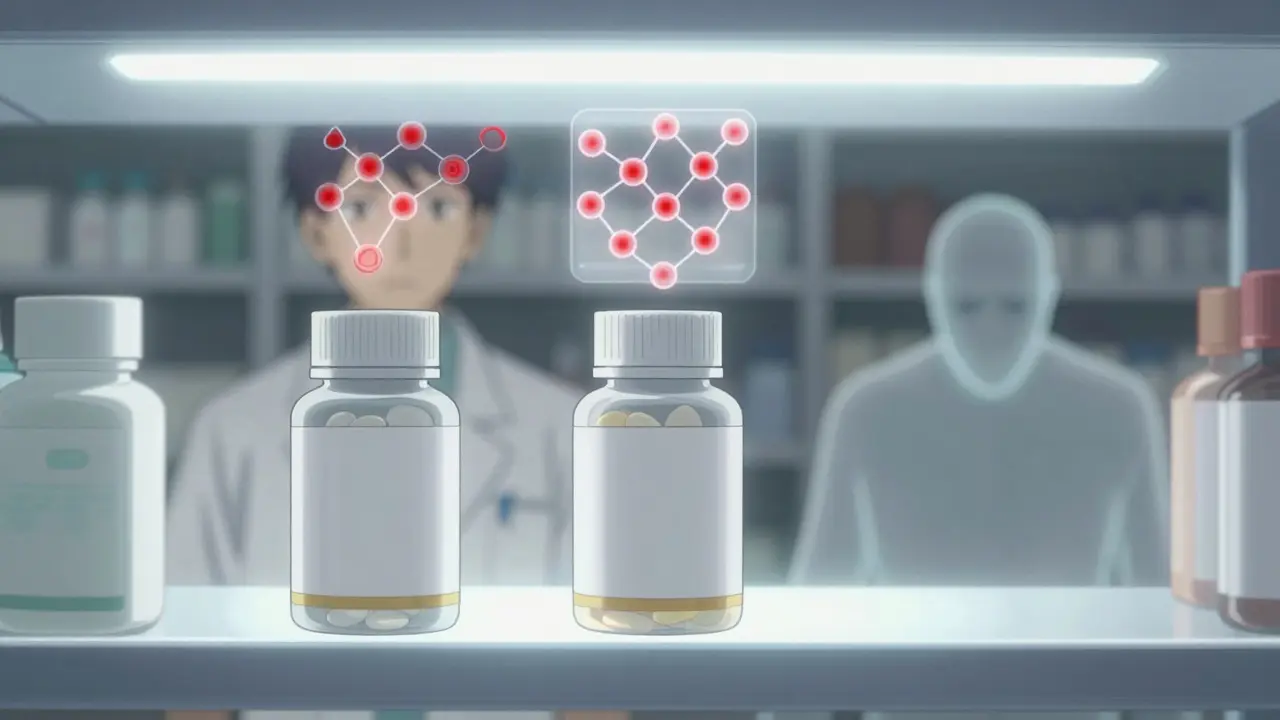 A pharmacist compares two identical pill bottles as digital warning signals flash above, hinting at hidden counterfeit danger.
