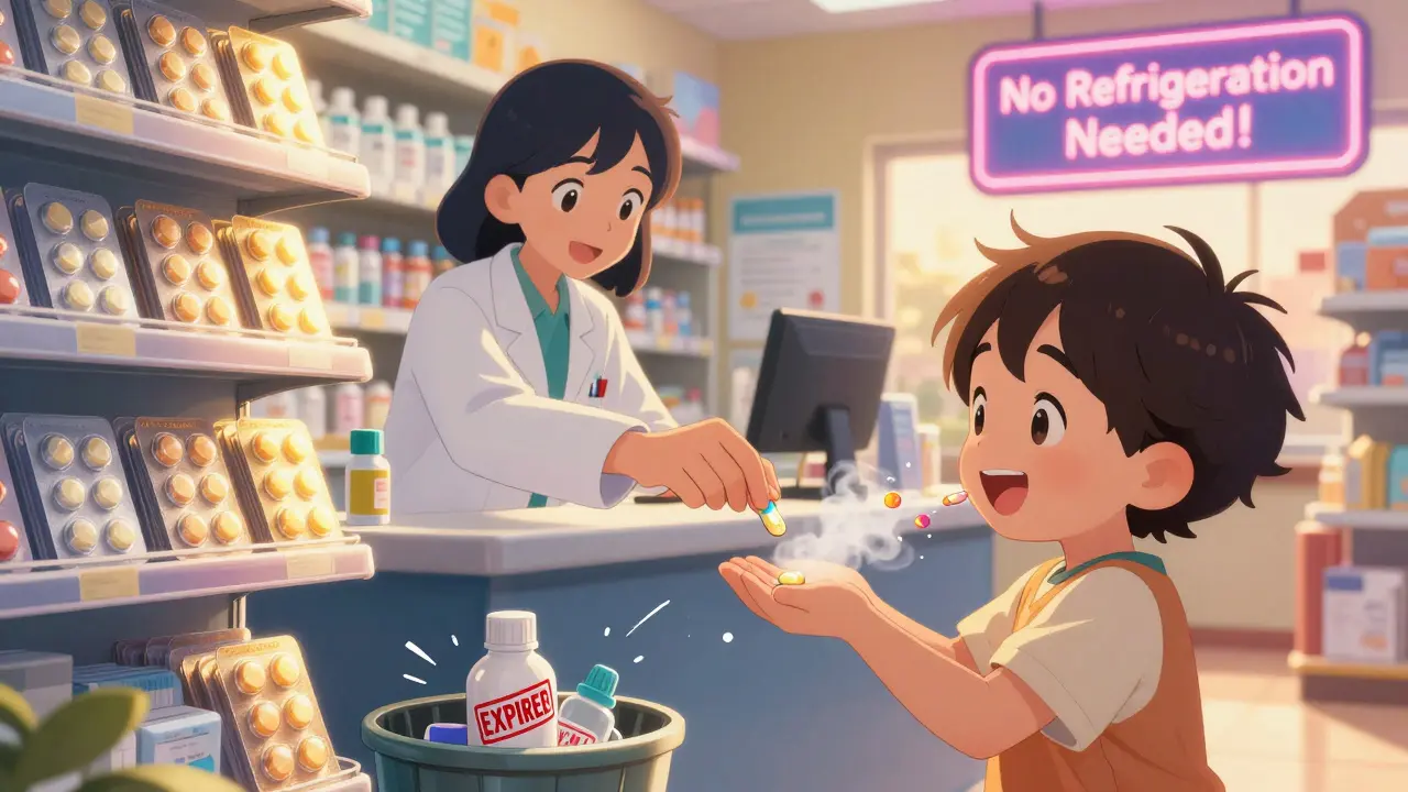 A pharmacist handing a child a glowing mini-tablet in a vibrant pharmacy, with expired liquid bottles in the background.