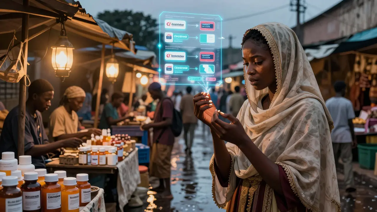 A woman examines fake pills in a dimly lit street market with holographic drug labels flickering nearby.