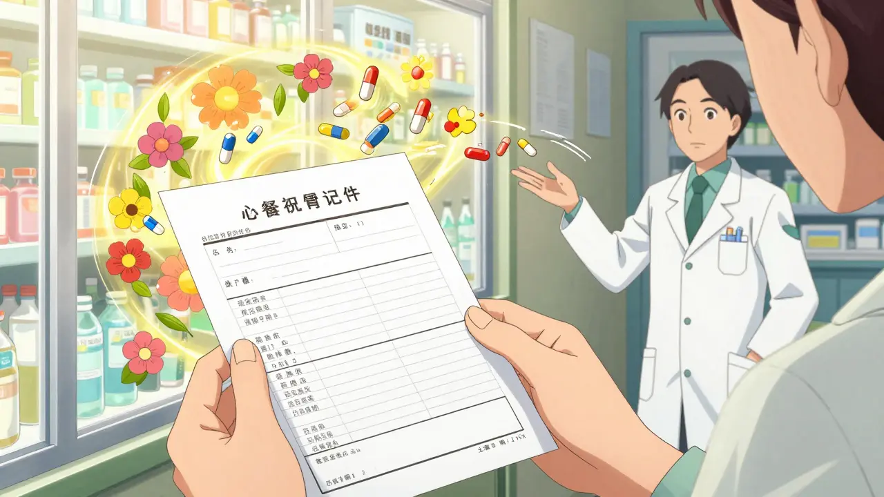 A woman holds her revised medication plan as old pills transform into flowers under warm pharmacy light.