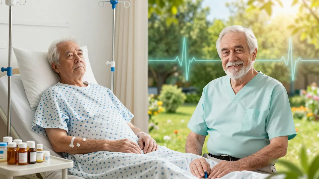 An elderly man in hospital vs. same man smiling in a garden, pills fading away.