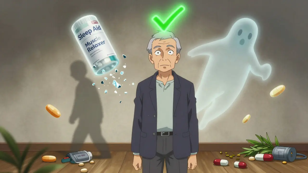 An elderly man sheds harmful medication pills, regaining balance and clarity in a stylized anime scene.