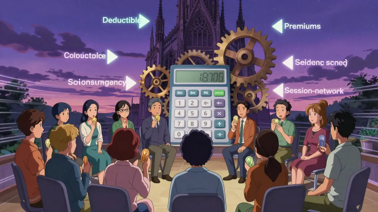 Diverse group in a circle holding financial tokens, with a giant cost calculator behind them and affordable therapy options glowing in the sky.