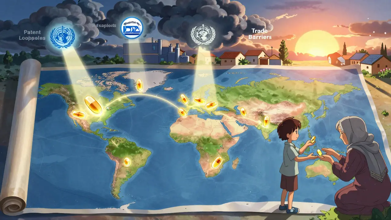 Global map with glowing generic pills traveling from manufacturing hubs to clinics across low- and high-income countries.