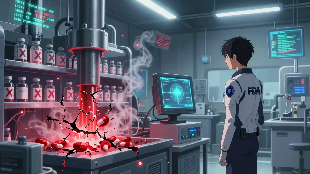 High-tech drug factory with glowing machinery failing, FDA inspector facing leaking contamination warnings.