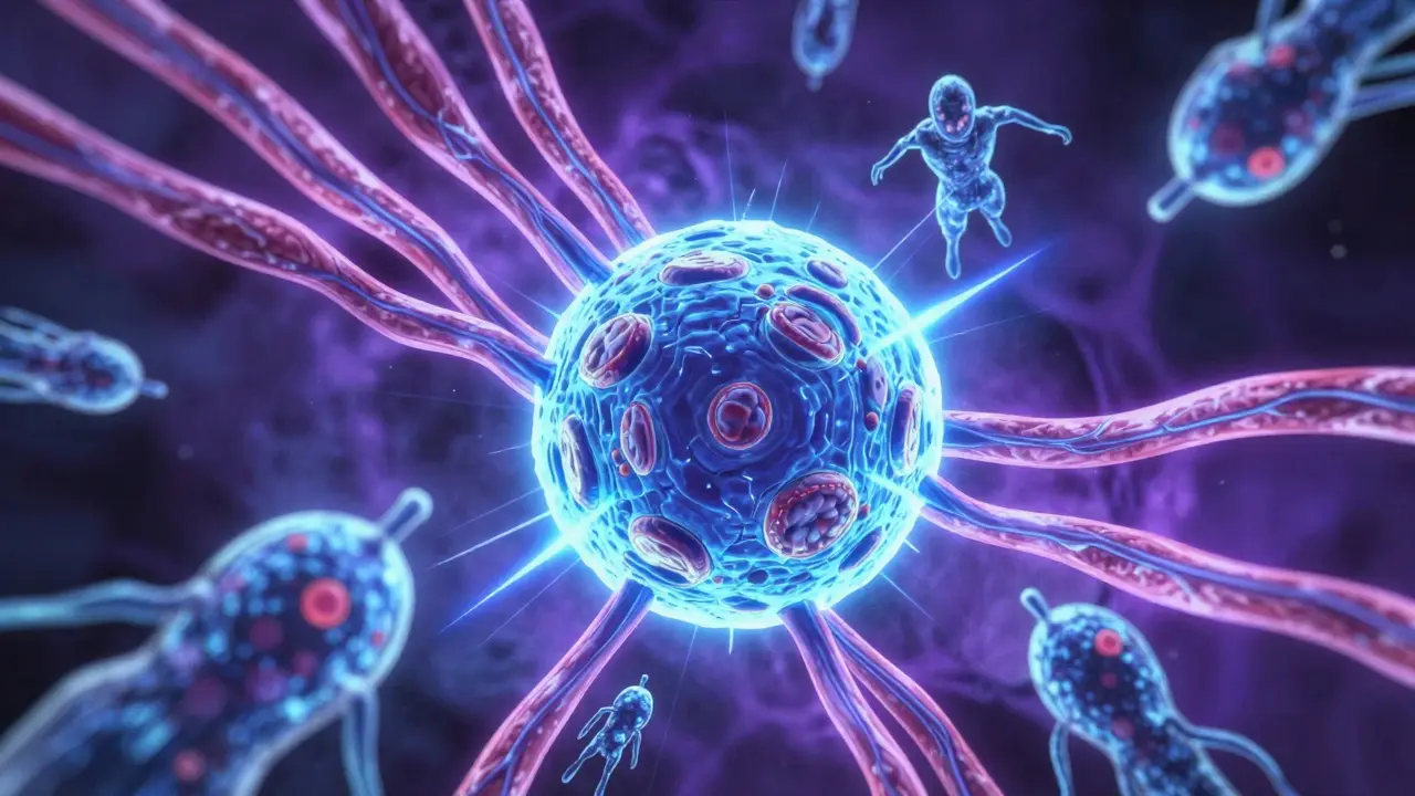 Muscle cell attacked by antibody warriors with blue energy strikes