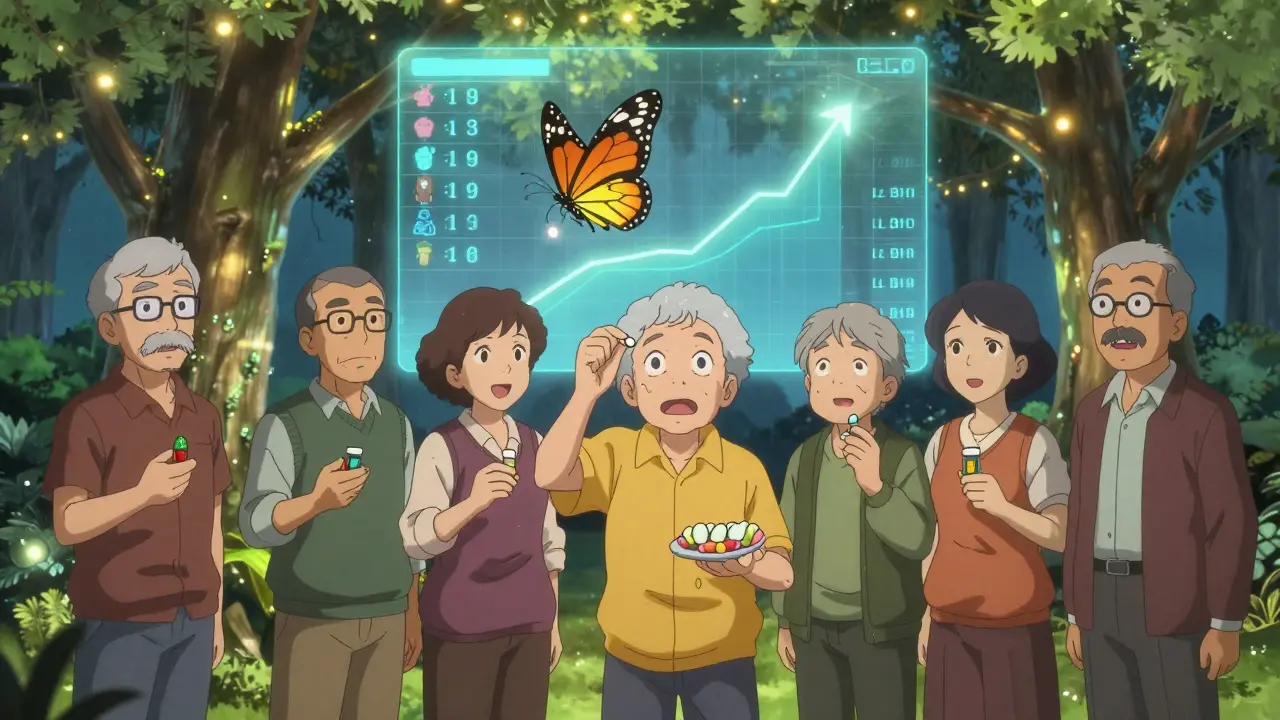 Older adults in a circle, one dropping a pill that turns into a butterfly, holographic cholesterol chart behind.