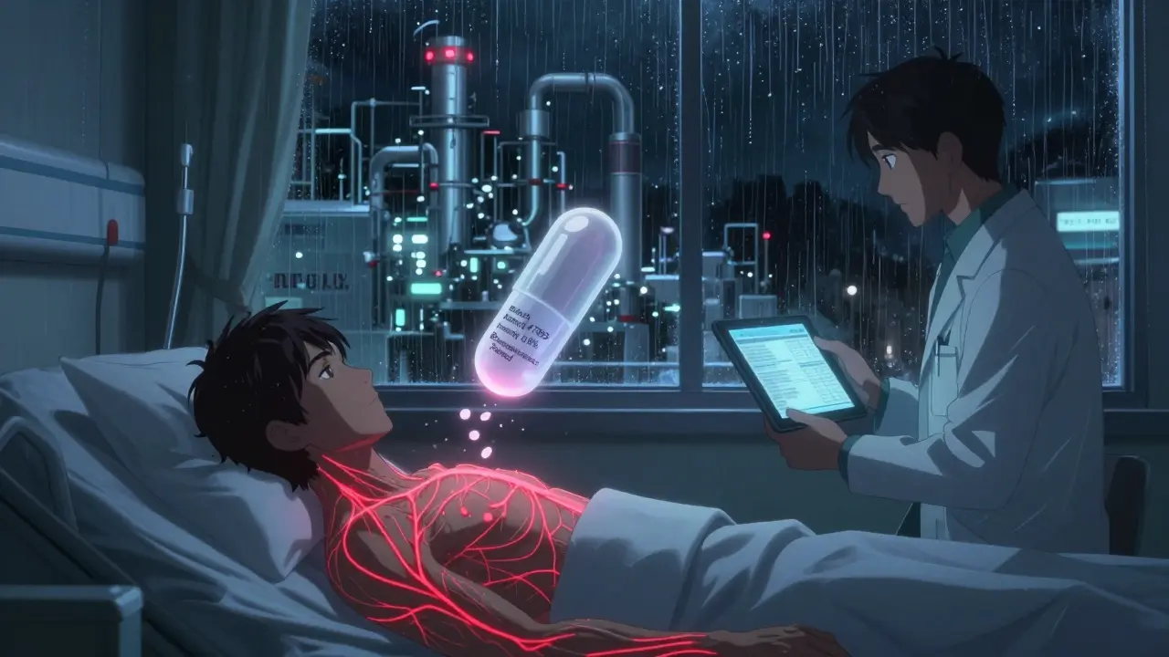 Patient in hospital with floating pill fragmenting into quality data, U.S. automated factory visible in distance, red warning lines in body.
