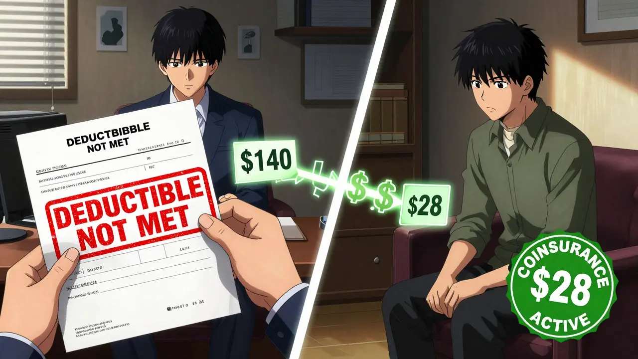 Split scene: one side shows full therapy payment before deductible, the other shows reduced coinsurance payment after.