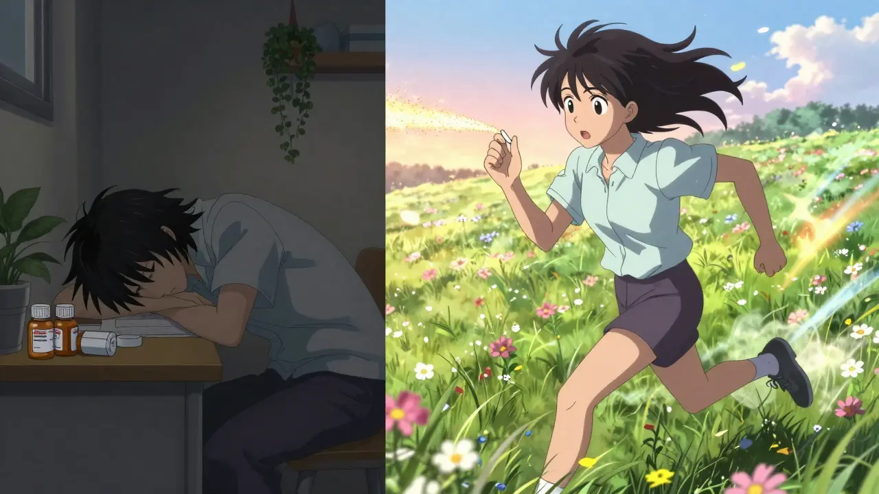 Split scene: one side shows someone tired with old allergy pills, the other shows the same person energized jogging through flowers.