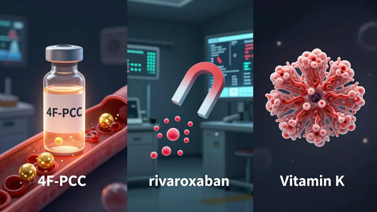 Three anticoagulant reversal agents visually contrast: PCC, andexanet alfa, and vitamin K in action.