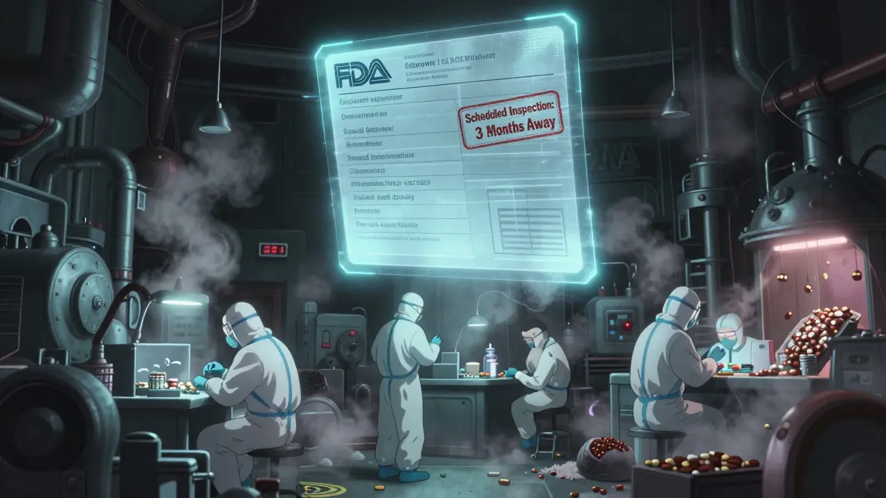 Underground drug factory with workers inspecting pills under neon lights, ghostly FDA report hovering above, hidden defects in shadows.