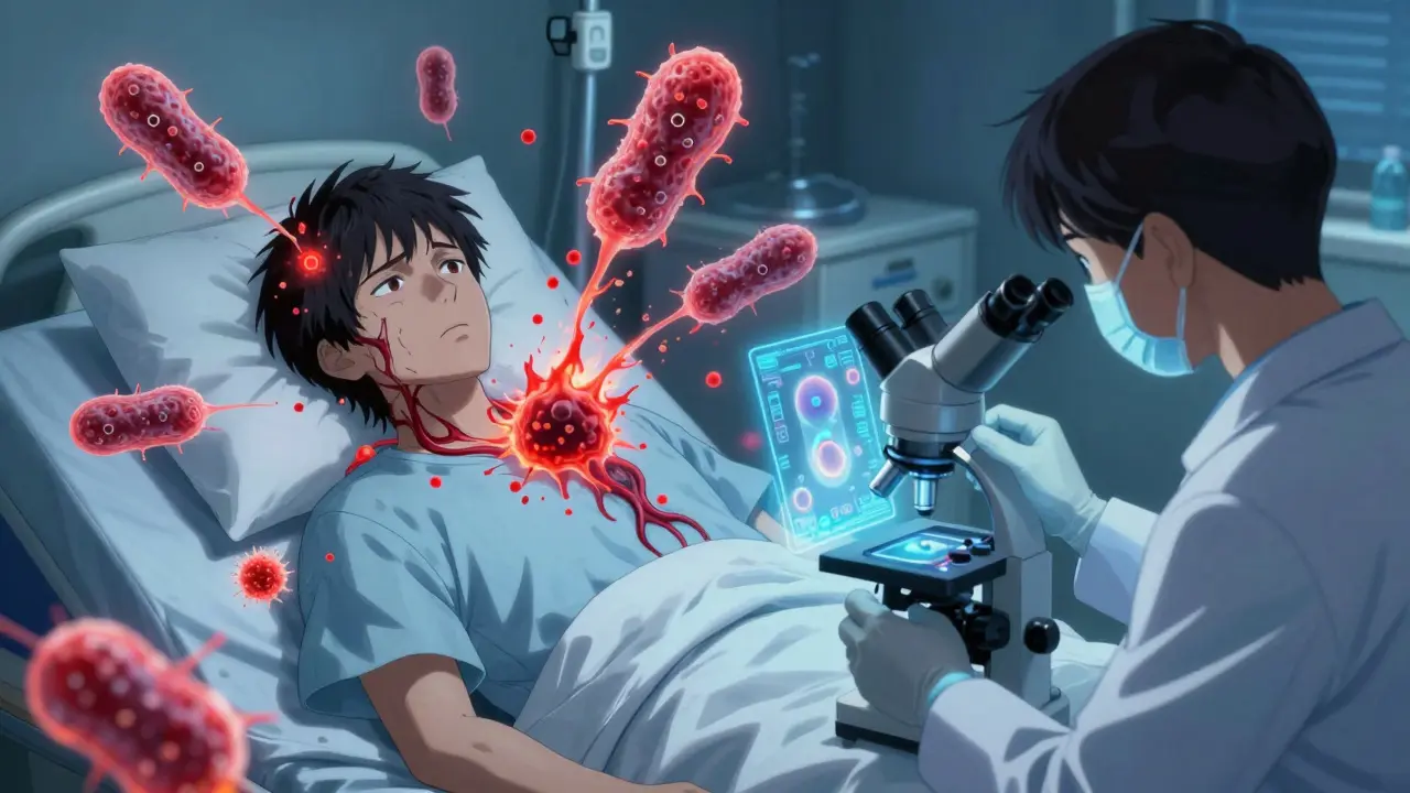 A cancer patient in a hospital is surrounded by demonic bacteria releasing toxic particles, while a scientist analyzes a stool sample.