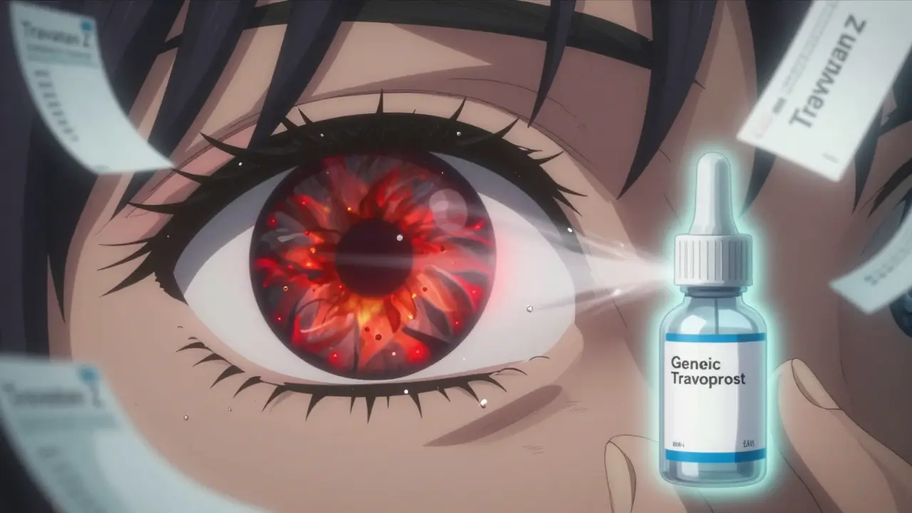 A patient's eye reflects toxic particles from a generic eye drop, causing fiery irritation and blurred vision.