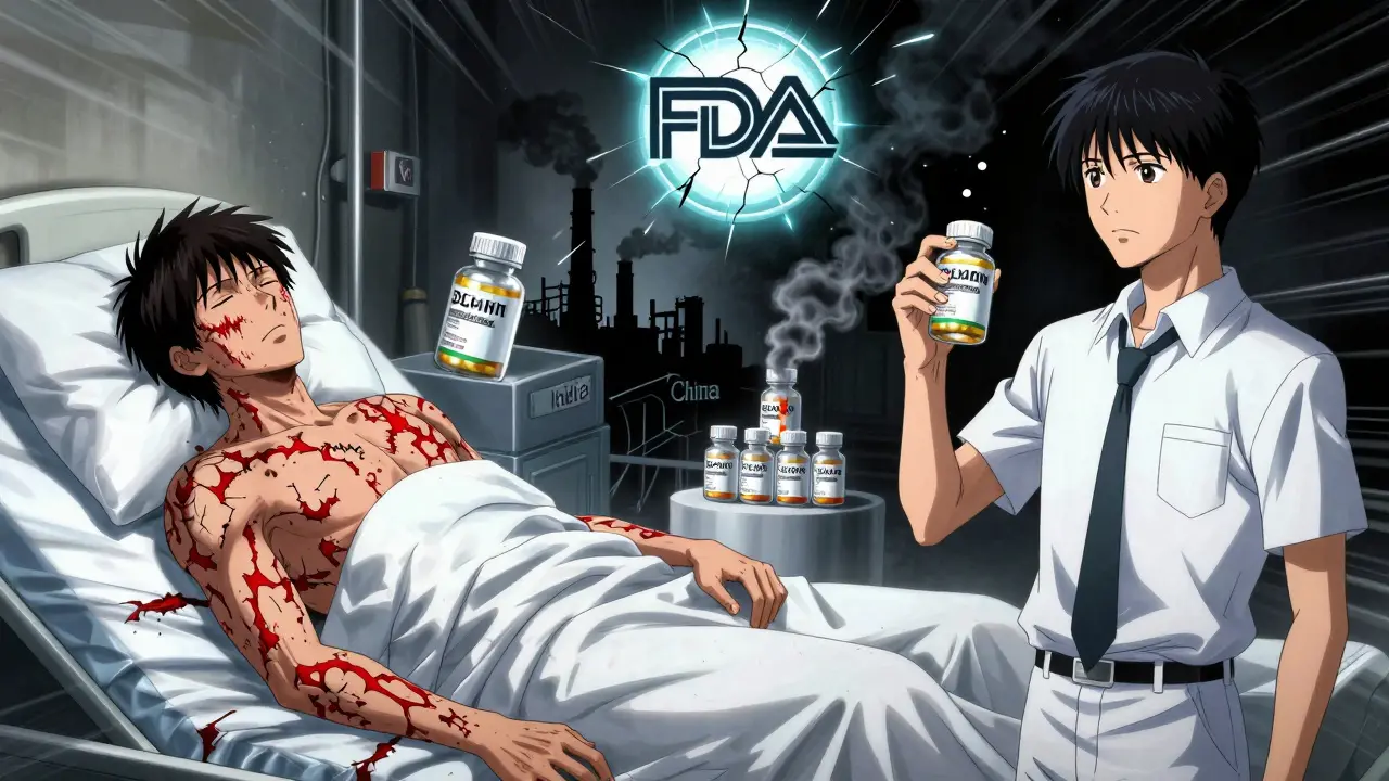 A patient collapses with severe skin reaction as a factory produces dangerous generic pills, contrasted with their healthy past self.