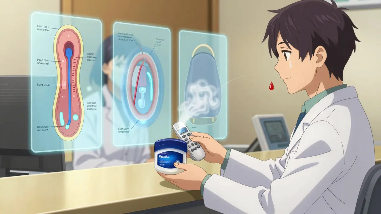 A pharmacist handing a patient petroleum jelly and a humidifier, with medical diagrams showing healing pathways in the background.