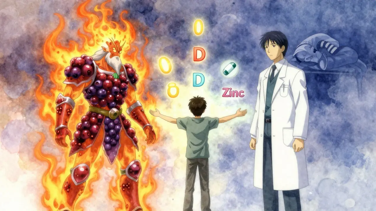 A symbolic battle between an elderberry spirit and immunosuppressant guardian, with a person caught in between.