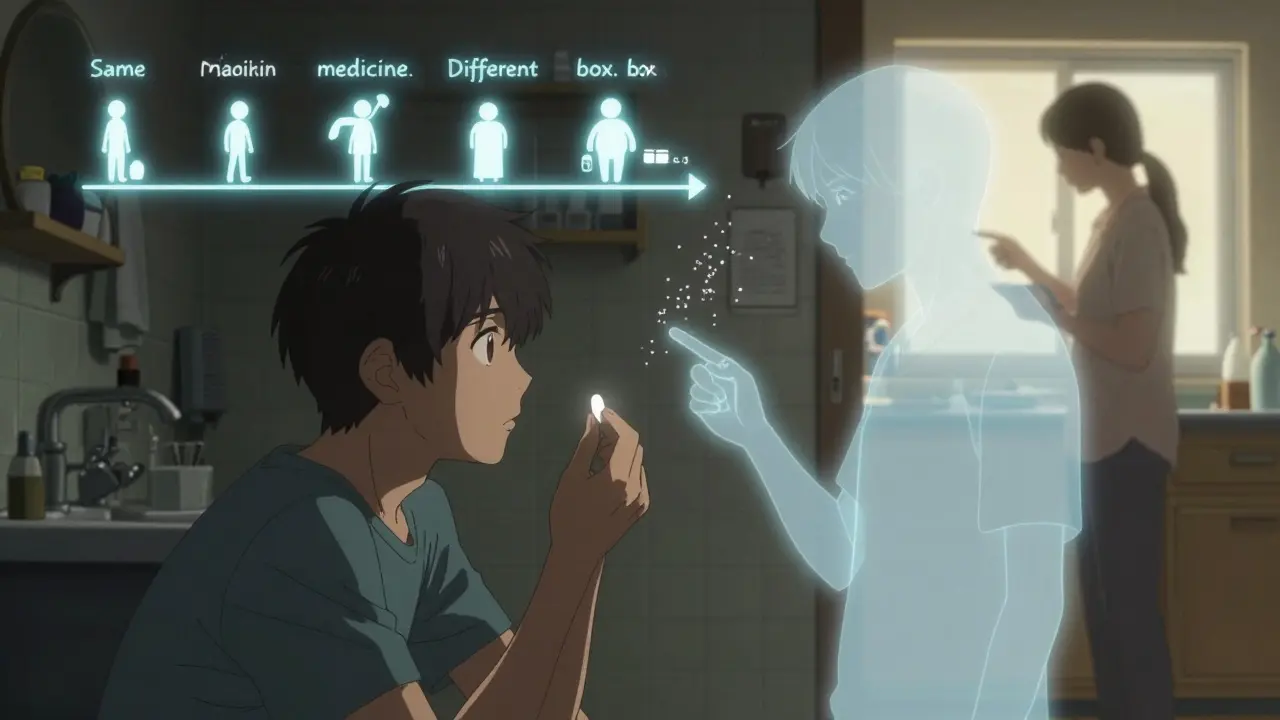 A teen hesitates to take a generic pill as a ghostly memory of past confusion fades into understanding.