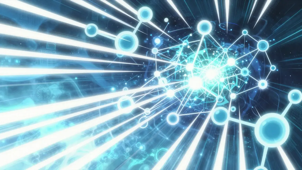 Abstract digital neural network connecting molecular structures with fast moving light streaks.