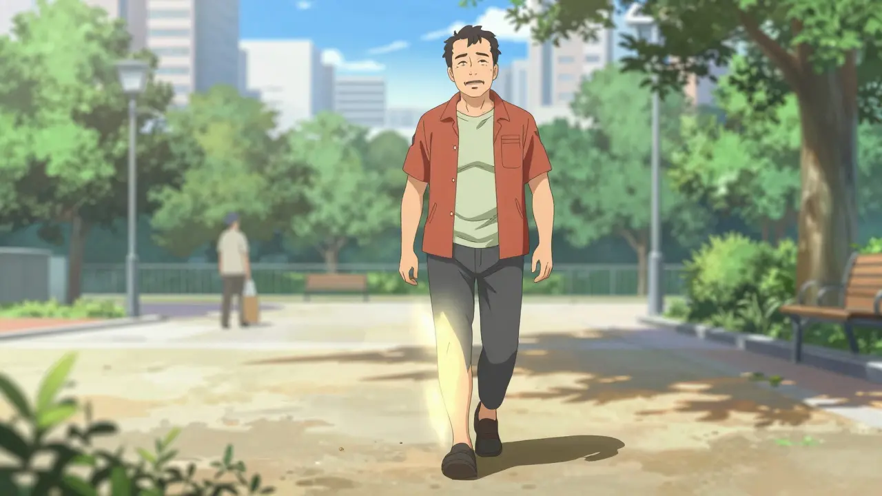 Active adult walking outside feeling relieved and healthy